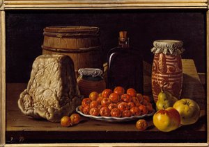 Cheese, fruit and recipient by Luis Egidio Menendez or Melendez