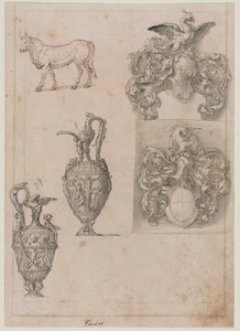 Design for Two Vases, Two Coats of Arms, and a Bull (recto), mid 1500s