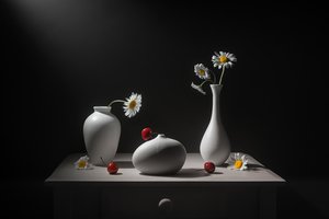 Daisies Vases and Cherries