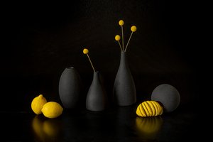 Yellow Lemons Black Vases