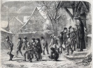 Out of school in winter. Engraving after a painting by M. B. Vautier in The Universe Illustrous by Marc Louis Benjamin (after) Vautier