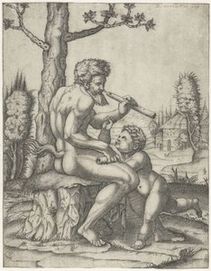 Faun with Flute Playing with Child by Marcantonio Raimondi