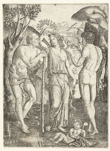 Young Woman with Leaf Wreath Standing Between Old Man Leaning on Stick and Young Man with Dragon and Child by Marcantonio Raimondi