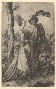 Lord and Lady Walking with Figure of Death Hiding Behind a Tree by Marcantonio Raimondi