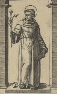 Saint Anthony of Padua standing, lilies in his raised right hand, a book in his..., ca. 1500-1527 by Marcantonio Raimondi
