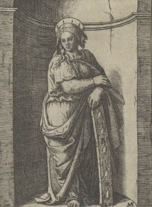 Saint Catherine Standing in a Niche, Resting on a Wheel, Her Instrument of Torture by Marcantonio Raimondi