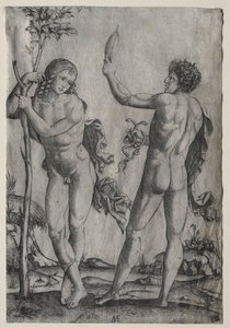 Two Nude Men Beside a Tree by Marcantonio Raimondi
