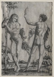 Two Nude Men Beside a Tree