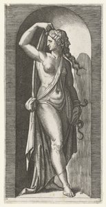 Woman as personification of Prudence (Prudentia) with snake and mask (Seven Virtues series) by Marcantonio Raimondi