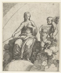 Woman with Book and Scepter as Personification of Philosophy Sitting on Clouds with Feet Resting on Globe and Two Putti Beside Her