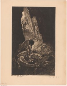 Interior of a Dark Cave with Creatures Devouring a Naked Man (Guet-apens) by Marcel Roux (signed by artist)