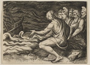 A group of figures at right witnessing a shipwreck, ca. 1515-1527 by Marco Dente