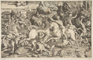 Battle scene in a landscape with soldiers on horseback and several fallen men, another...