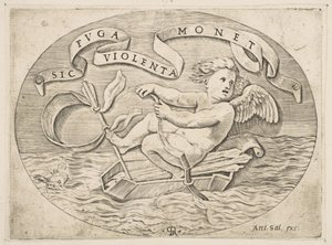 Eros Escaping by Sea, Cupid Using His Bow to Propel a Boat Made from His Quiver