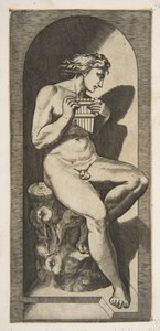 Olympus naked seated on a tree stump holding pipes, set within a niche by Marco Dente