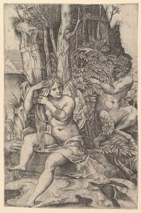 Pan Spying on the Nymph Syrinx Who is Seated on a Rock, Combing Her Hair, ca. 1516-20 by Marco Dente