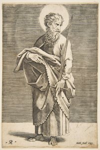Saint Paul looking to the right and holding a sword and a book