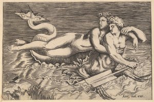 Speculum Romanae Magnificentiae: A Triton Carrying off a Nymph by Marco Dente