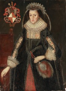 Portrait of Lady Eleanor Dutton, Three-Quarter Length, in Elegant Dress, Standing Beside a Chair Inscribed with Coat-of-Arms of the Dutton Family of Cheshire and Gloucestershire