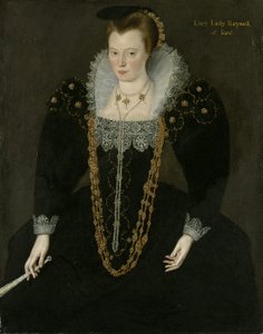 Portrait of Lucy, Lady Reynell of Ford, Three-Quarter-Length, in a Dark Dress with a White Lace Collar and Gold and Pearl Necklaces, Holding a Fan in Her Right Hand with Identifying Inscription
