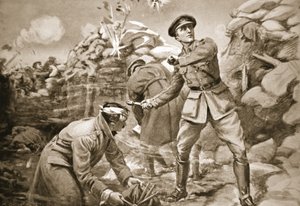 Captain Vickers holding the enemy at bay while a barrier was being built up behind him