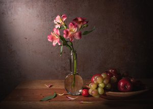 Dramatic Floral and Fruit Still Life