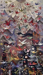 A wall-hanging tapestry depicting mythical birds with a background of mountains and sun rays