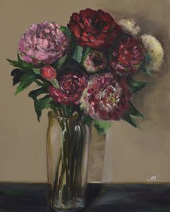 Dark Red Peonies in Glass Vase - Moody Floral Oil Painting