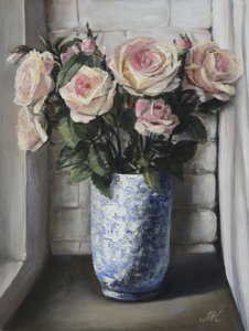 Pink Roses on Windowsill - Blue Ceramic Vase Painting