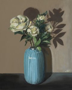 White Peonies in Blue Vase - Moody Floral Still Life