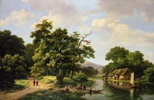 Wooded River Landscape with Peasants Unloading a Ferry