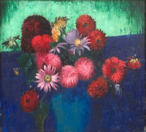 Still Life, Dahlias and Daisies in a Blue Vase