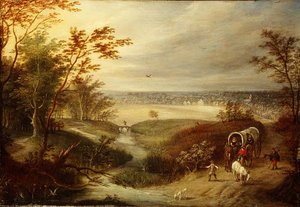 An Extensive Wooded Landscape with a Wagon at a Ford by Marten (attr. to) Ryckaert