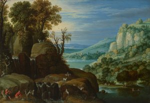 An Extensive River Landscape with Goatherds Playing Pipes Beside a Waterfall, a Distant View of a Lake and Town Beyond