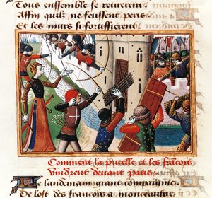 Joan of Arc at gates of St Honore, from where assault on Paris begins, miniature from Vigiles de Charles VII by Martial de Paris by Martial de Paris (fl.15th century)