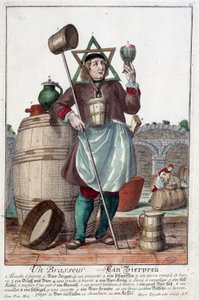 Representation of a Brewer with a Fountain, a Glass, a Jug, a Bucket, a Barrel, a Mallet, a Bowl, a Broc, a Boiler. Engraving by Martin Engelbrecht