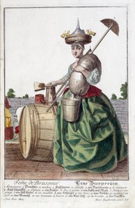 Representation of the Wife of a Brewer, carrying a funnel on her head, a grain bag, a bowl, a bucket, a beer barrel. Engraving by Martin Engelbrecht