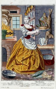 The cook. Engraving by Martin Engelbrecht, in New assembly of the manouvries habilles, 18th century, Germany. Paris, Decorative Arts
