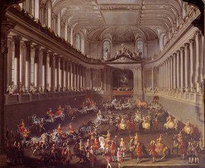 Carousel of the Spanish manege of Vienna to celebrate the French defeat in Prague in 1763, Marie Therese of Austria (1717-1780) is represented on the white horse. Painting of the school of Martin Meytens (1695-1770) 18th century