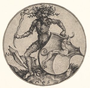 Shield with Greyhound Held by Wild Man by Martin Schongauer