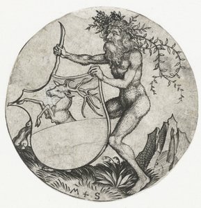 Coat of Arms with a Deer, Held by a Wild Man with a Club (series title: Figures with Coats of Arms) by Martin Schongauer