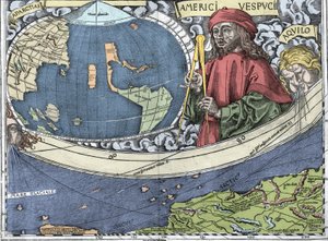 Amerigo Vespucci, Italian explorer and cartographer in the Waldseemuller map or Universalis Cosmographia - Waldseemuller Planisphere - 1507 by Martin Waldseemuller
