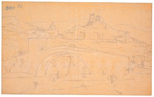 Italian landscape with a bridge over a river and the town of Subiaco in the background by Martinus Rørbye
