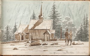 People by a Stave Church. A Mountain Slope in the Background by Martinus Rørbye