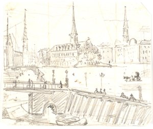 View from Gl. Strand over Højbro to the Stock Exchange by Martinus Rørbye