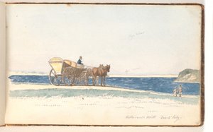 A Horse Carriage Standing on a Dune Near the Water; Two People Walking Towards the Carriage