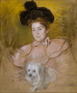 Woman in Raspberry Costume Holding a Dog by Mary Cassatt