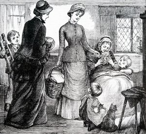 A woman giving gifts to a poor cottager by Mary Ellen Edwards