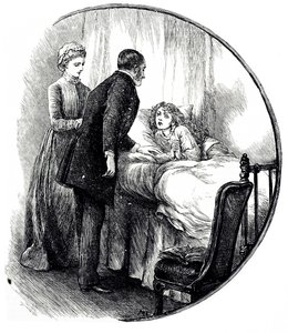 An engraving depicting a doctor visiting his young patient at home. Illustrated by Mary Ellen Edwards by Mary Ellen Edwards