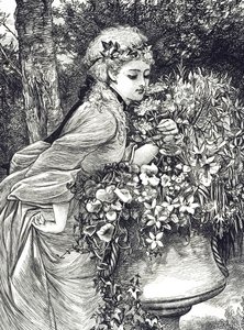 Engraving of a Young Girl Smelling Flowers